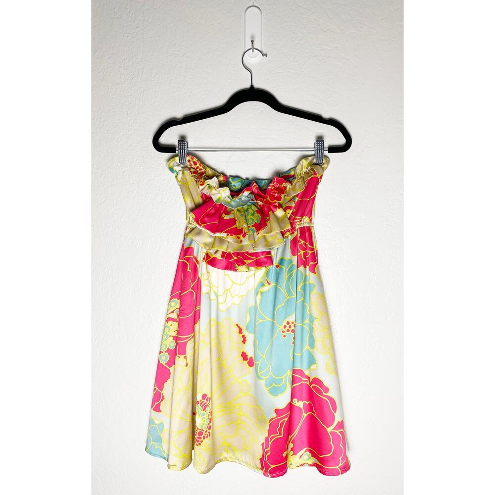 Judith March Strapless Floral Mini Dress in Pink, Yellow & Blue